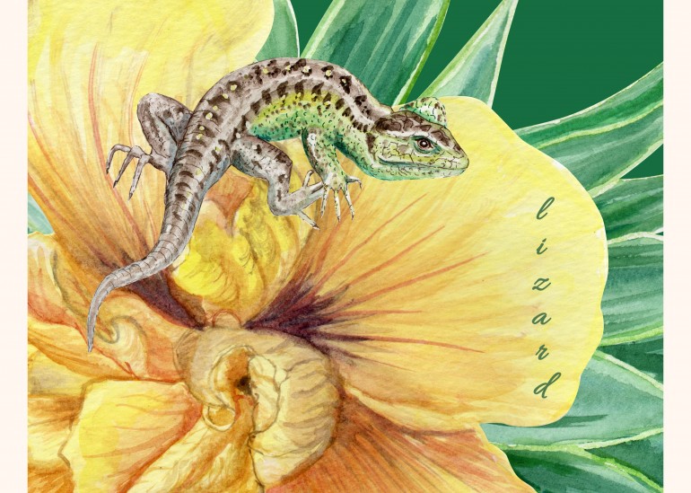 Lizard on the flower, lizard, agava leaves, watercolor flowers, flowers, tropical animal, wild animal, tropical flowers, tropical plants, watercolor poster