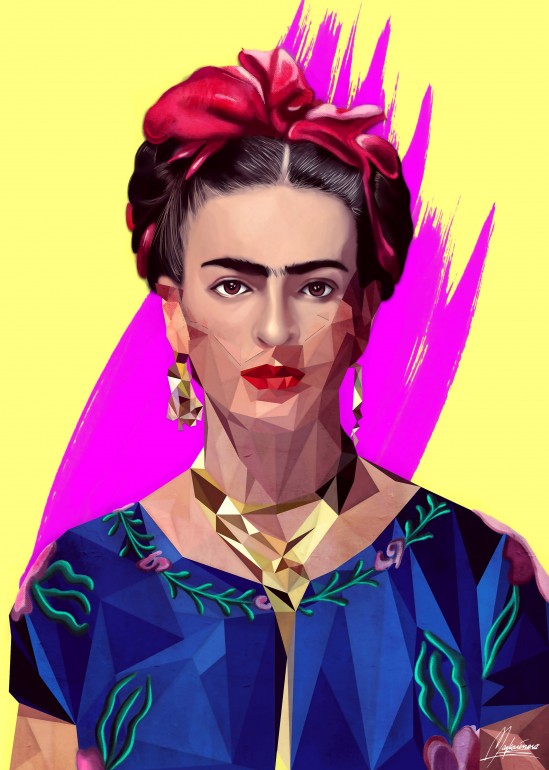 Modern Frida, frida, fridakahlo, mexico, art, digitalart, icon, poly, lowpoly, design, blue, yellow