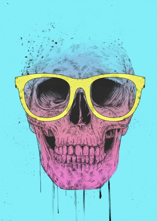 Pop art skull with glasses, skull, colorful, multicolored, bright, cyan, summer, magenta, glasses, cmyk