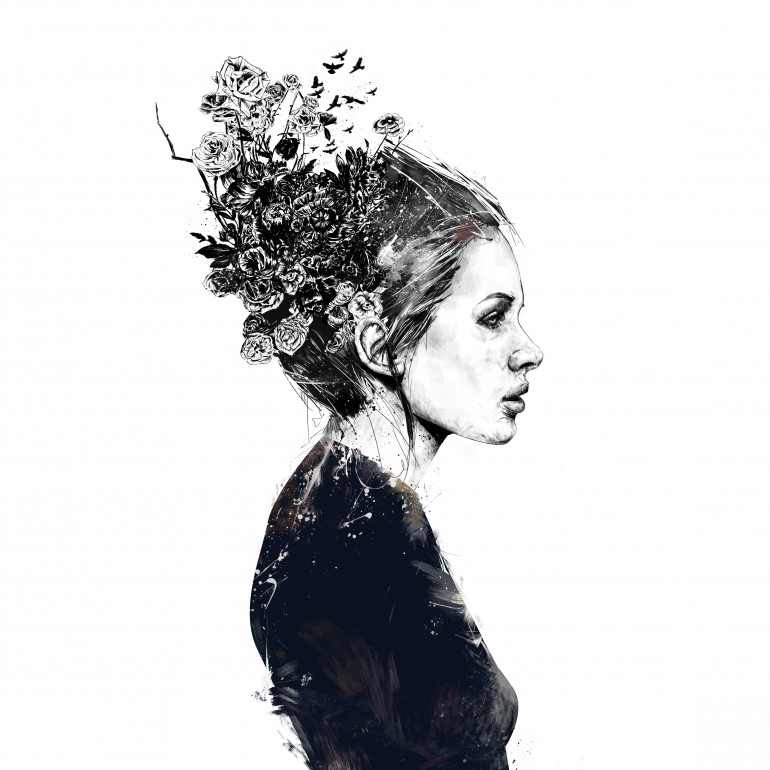 Coming home, girl, woman, portrait, black and white, flowers, floral, nature, drawing, painting, ink, surreal, surrealism