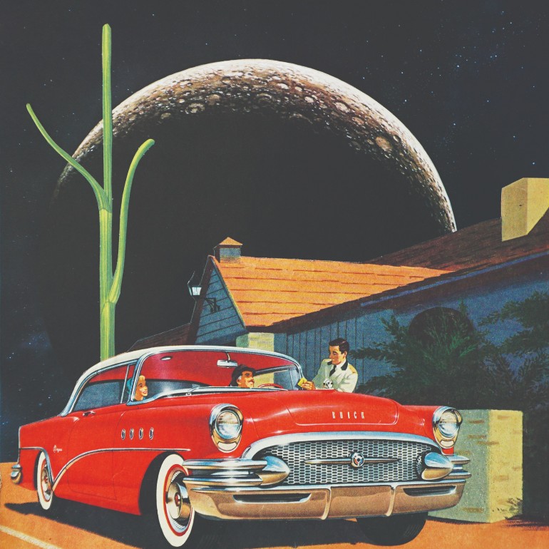 RV, red car, surrealistic, vintage