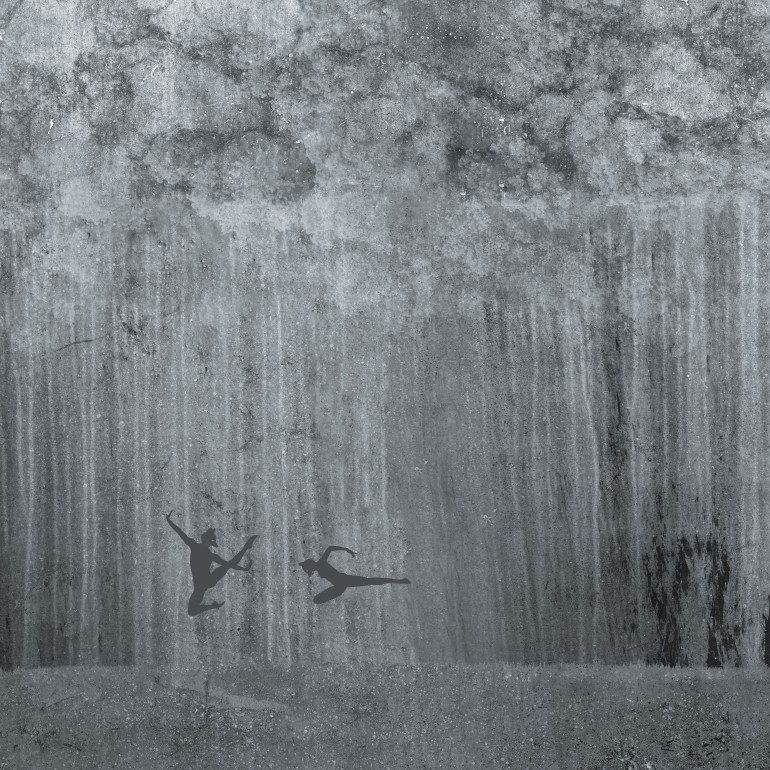 Flying Foxes | Forest, charcoal, fox, abstract, dance, forest, birch, trees, landscape, ballerina, couple, conflict, relationship, surreal, Ravenstown, collage, dancer, luxurious, black and white, leap, flying, dancers, ballet