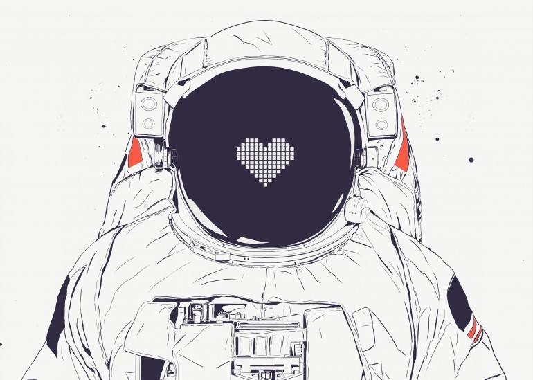 Astronaut love, astronaut, space, spaceman, love, heart, humor, funny, people, astronomy, drawing, illustration