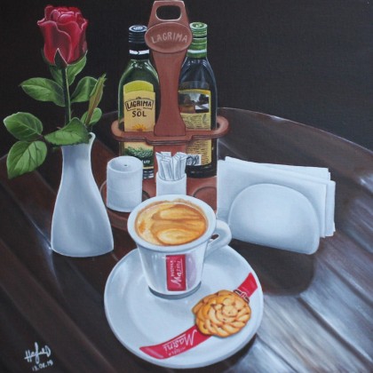 Coffee still life with rose and olive oil