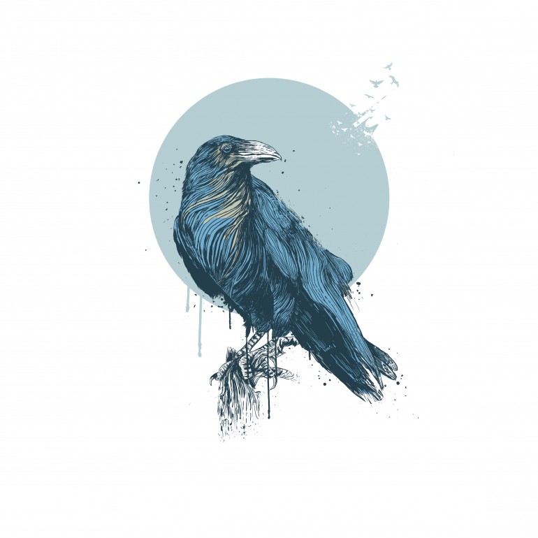 Blue crow, birds, animals, raven, crow, circle, geometric, drawing, ink, illustration, cool, grunge