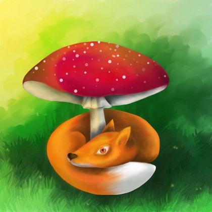 The fox and red mushroom