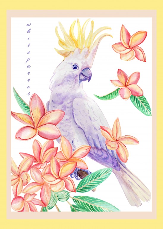 White parrot, white parrot, olarium, watercolor flowers, flowers, tropical animal, wild animal, tropical flowers, tropical plants