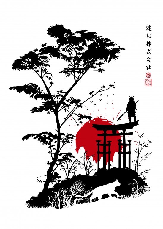 Minimalist torii ans samurai, forest, woods, torii, samurai, gate, bamboo, nature, ninja