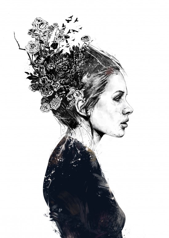 Coming home, girl, woman, portrait, black and white, flowers, floral, nature, drawing, painting, ink, surreal, surrealism