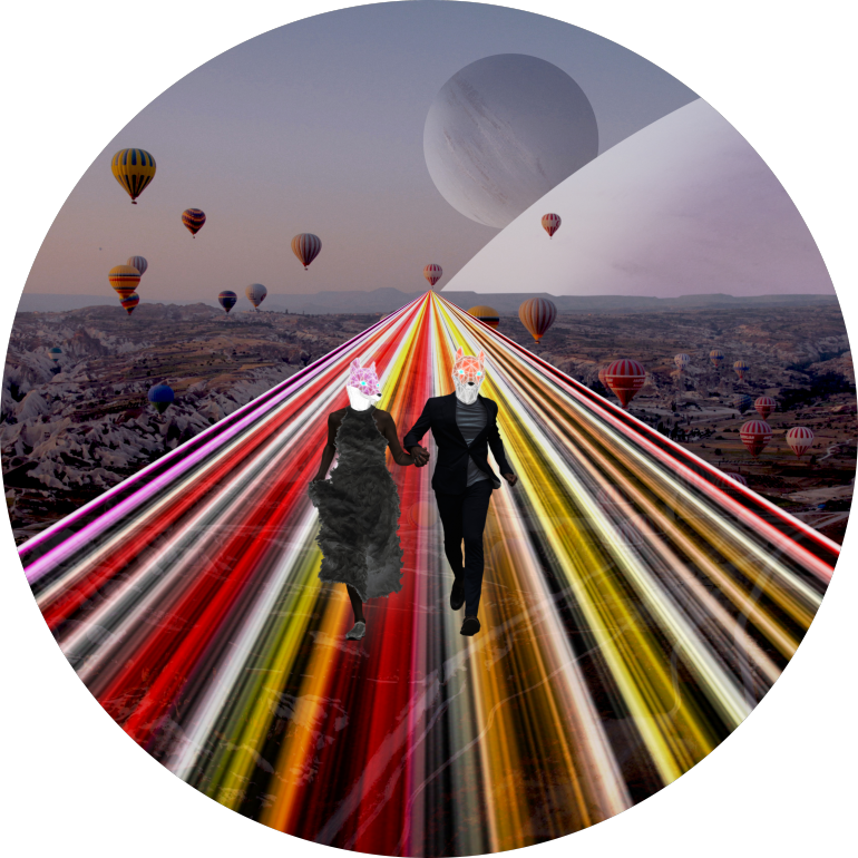 Together We Made It, Collage, Digital-manipulation, Couple, Romance, Neon, Light-road, Beautiful, Ravenstown, Digital-collage, Fox, Vulpes, Future, Road, Futuristic, Surreal, Digital-art, Planet, Hot-air-balloon, Balloons, Travel