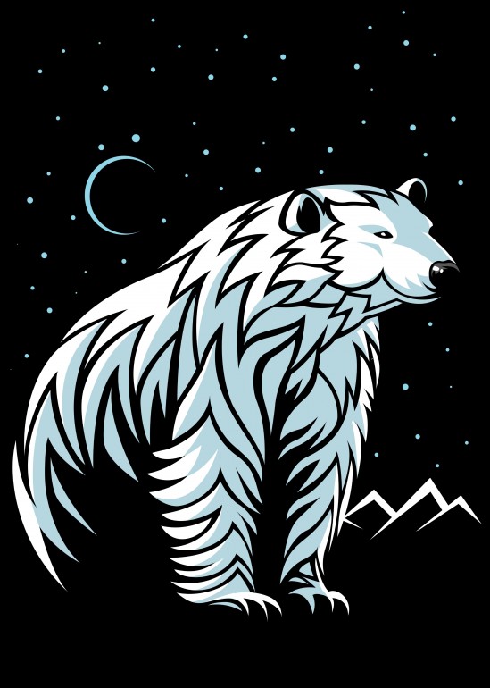 Tribal Polar Bear, polar, bear, ice, artic, mountains, constellation, moon, night, animal, predator, tattoo, tribal