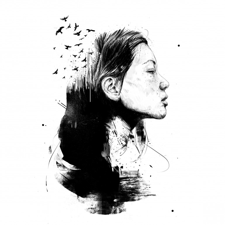 Open your mind (bw), girl, girlpower, woman, human, female, black and white, ink, inkart, cool, streetart, urbanstyle, surreal, surrealism, painting, drawing, birds, animals, grunge