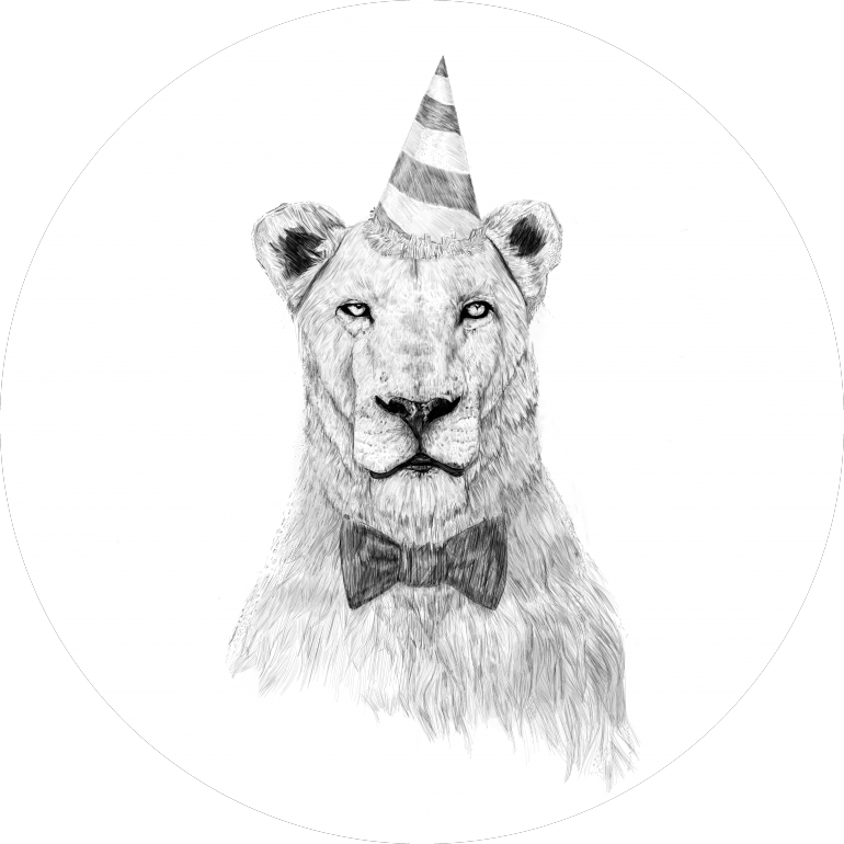 Get the party started (bw), lion, animals, cat, nature, wildlife, party, humor, funny, cute, drawing, black and white, birthday, new years eve, holidays, winter
