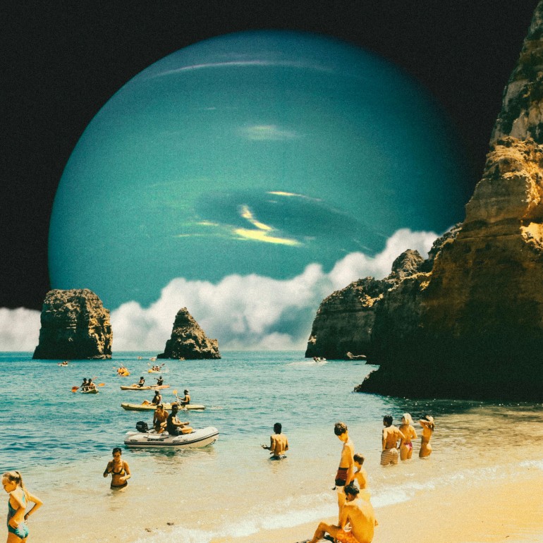 Space Beach, vintage, collage, collage art, surrealism, beach, space, planets, holiday, family, fun, vintage art, retro, clouds, ocean