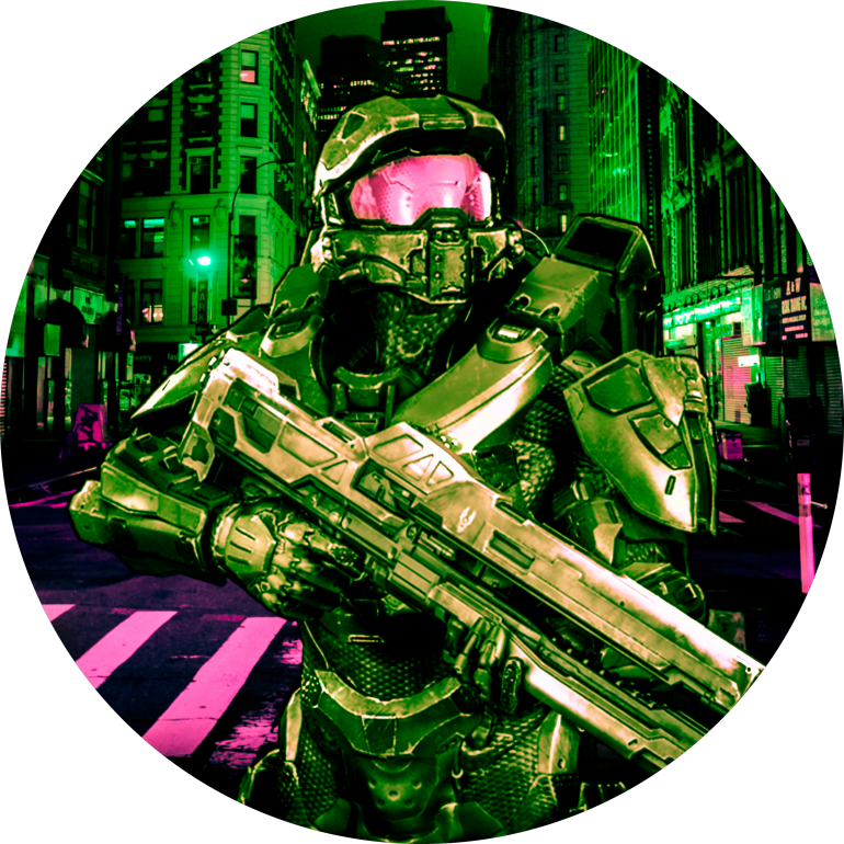 Cyberpunk Chief, cyberpunk, 2077, tower, lover, neon, lights, tech, city, halo, master, chief, john