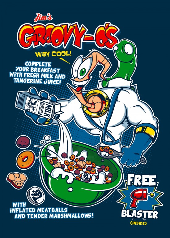 GroovyOs Cereal, video games, gaming, arcade, earthworm jim, worm, space, nostalgia, cereal box, breakfast