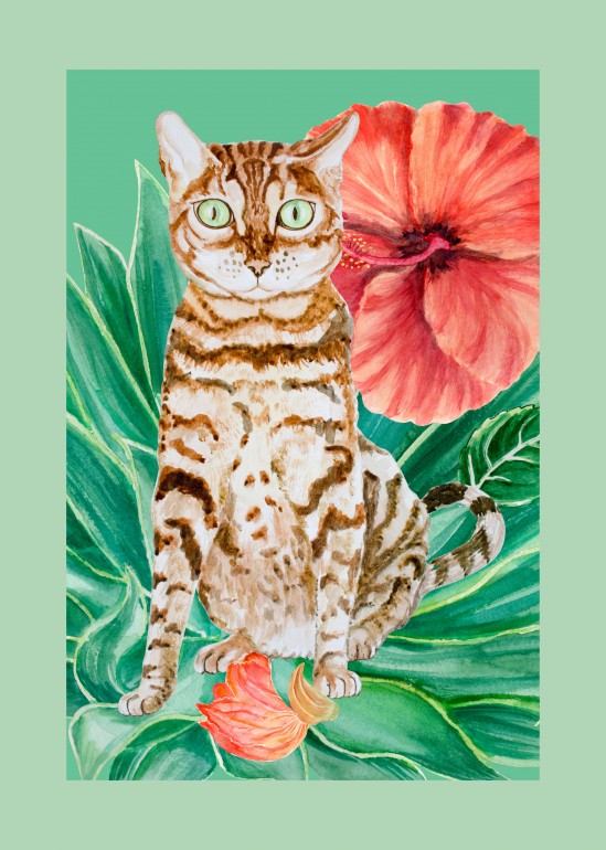 Cat with plants, cat, agava leaves, watercolor flowers, flowers, tropical animal, wild animal, tropical flowers, tropical plants, hibiscus