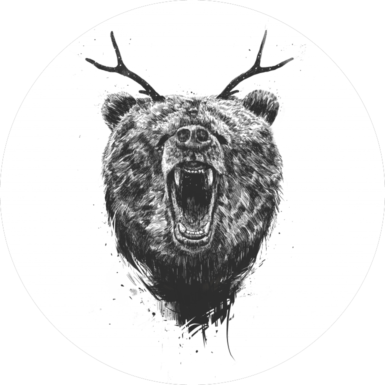 Angry bear with antlers, bear, animals, nature, wildlife, screaming, scary, antlers, surreal, drawing, ink