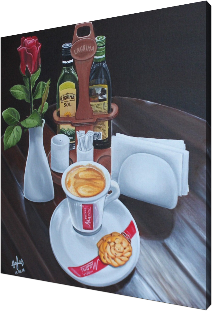 Coffee still life with rose and olive oil, coffe, cafe, still life, oil painitng, painting, food and drink