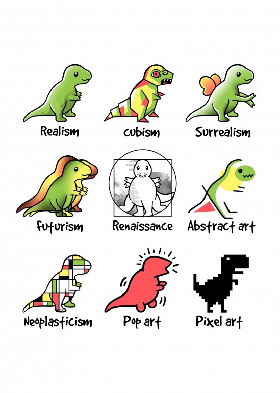 T-rex art, dino, dinosaur, dinosaurus, jurassic, art, artistic, style, funny, trex, picasso, da vinci, leonardo, internet, chibi