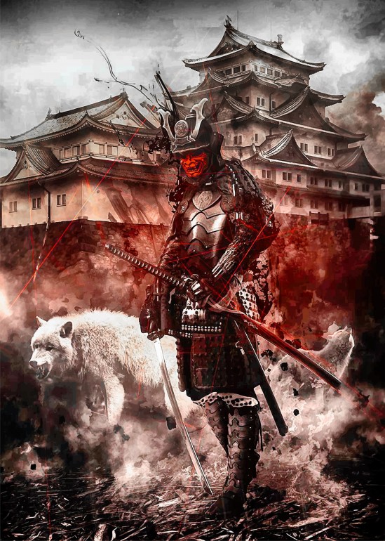 Red Oni Samurai white wolves, katana, samurai, mask, demon, warrior, soldier, ronin, armour, oni, wolves, wolf, red, white, japanese, castle, edo, fantasy, landscape, abstract, war, medieval