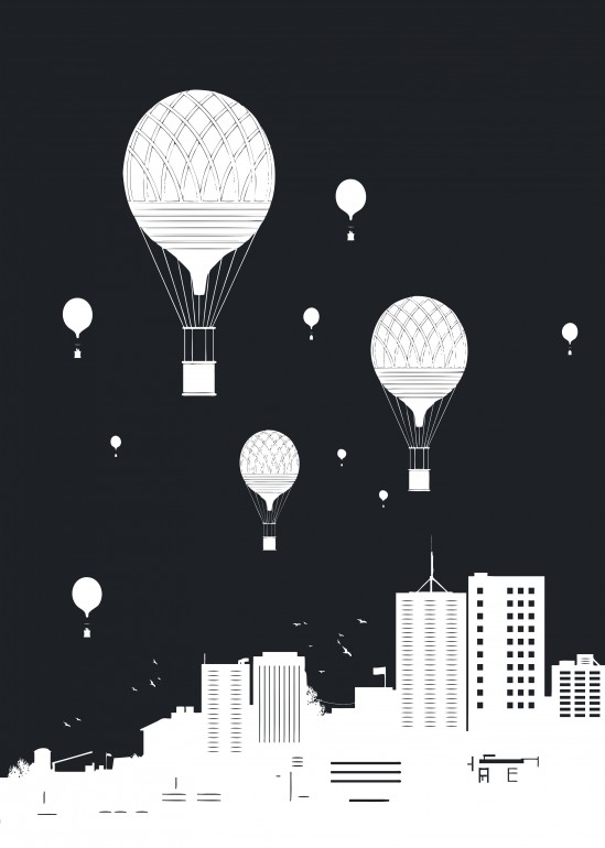 Balloons and the city, city, nature, air balloon, silhouette, minimalism, winter, dark