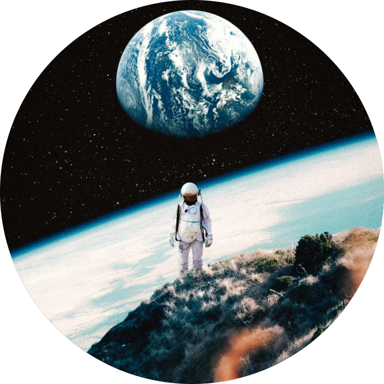 Lonely Astronaut, collage, digital, surreal, space, cosmic, astronomy, galaxy, astronaut, space, earth, vintage, retro, blue, dark, vibrant