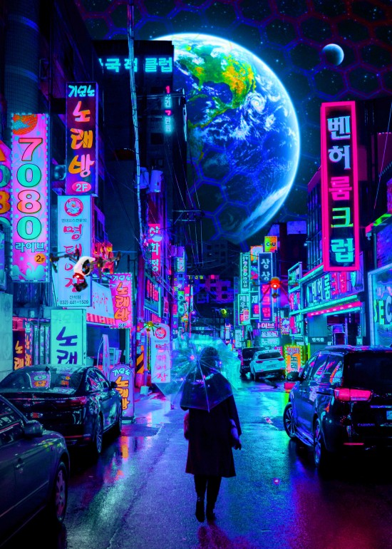 new planet 2077, cosmos, new, planet, 2077, cyberpunk, neon, lights, tokyo, japan, umbrella, road, space, earth, star