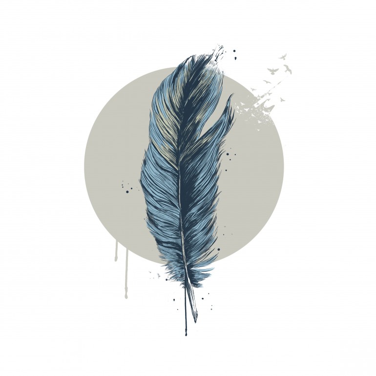 Feather in a circle, birds, feather, animals, nature, circle, geometric, ink, drawing, illustration, modern, blue